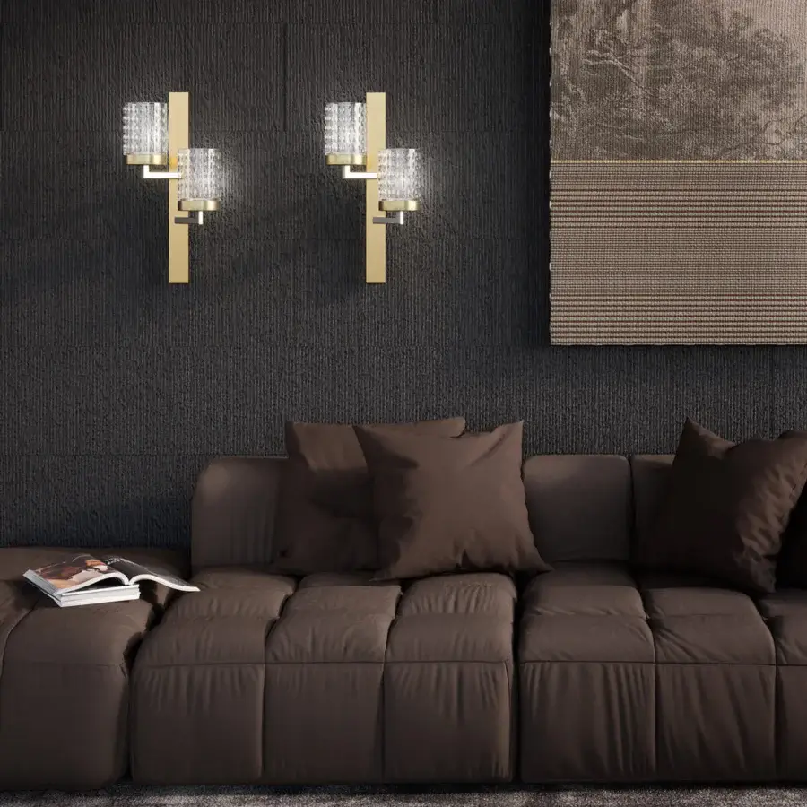 Exclusive Italamp Quarzo wall lamp with refined metal structure and hand-cut transparent crystal diffusers in light gold and chrome finish