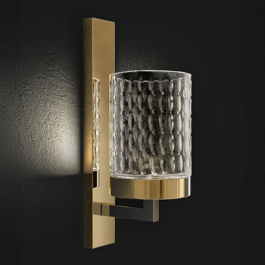 Lavish Italamp Quarzo wall lamp with light gold and chrome metal supporting a hand-cut transparent crystal diffuser