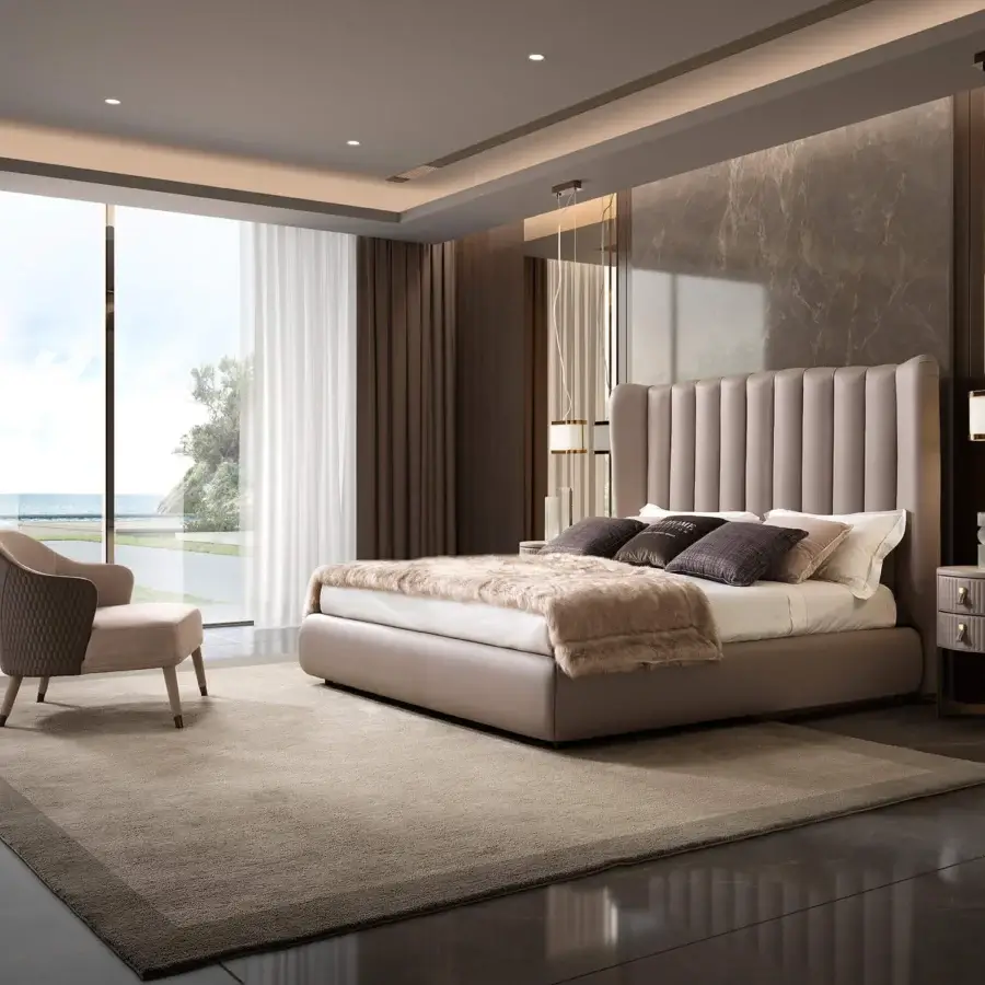 Elegant DV Home Collection Hermes bed with multilayer structure upholstered in muted beige synthetic material and refined vertical quilting