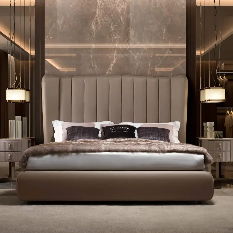 Superior DV Home Collection Hermes bed with light brown textile upholstery and vertical quilting on a rounded frame