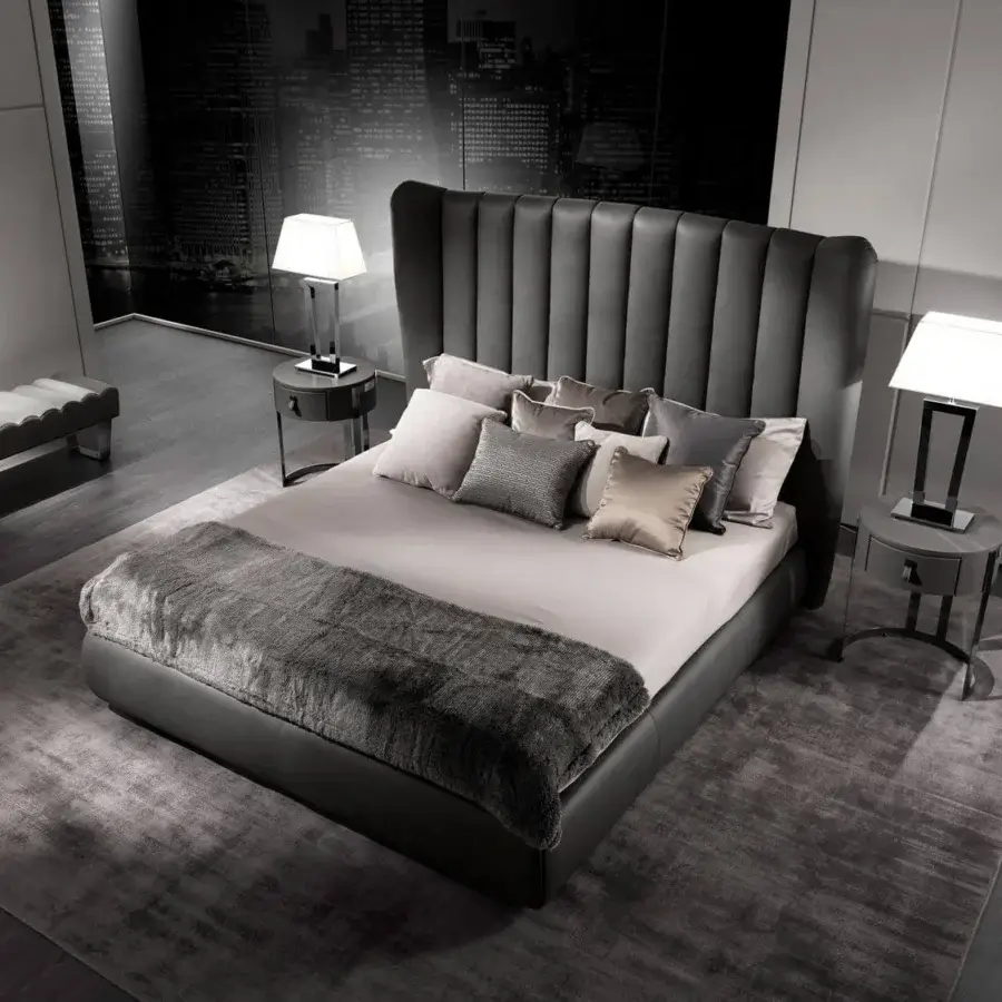 Elegant DV Home Collection Byron Prince nightstand with gray leather top and sleek chrome metal base