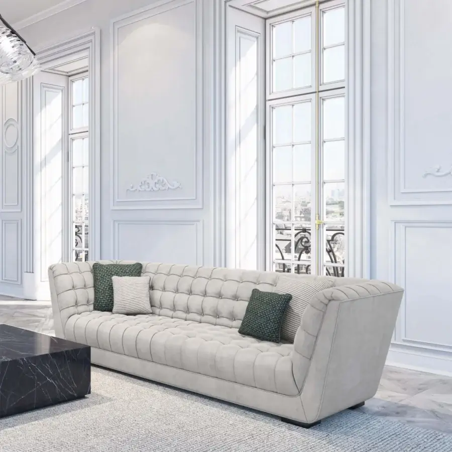 Superior BelMondo by Bellotti Ezio Egeo sofa with light gray textile and capitonnè detailing crafted in Italy