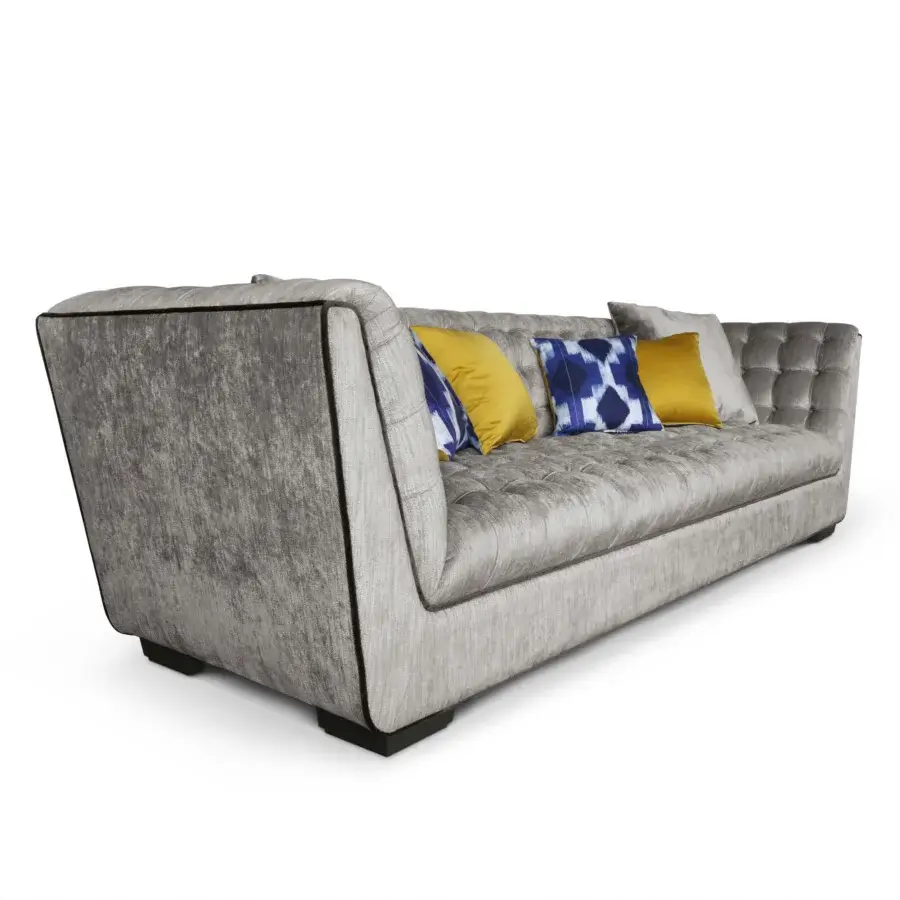 Exceptional BelMondo by Bellotti Ezio Egeo sofa with textured grey textile and plush cushions in yellow, blue, white and light grey