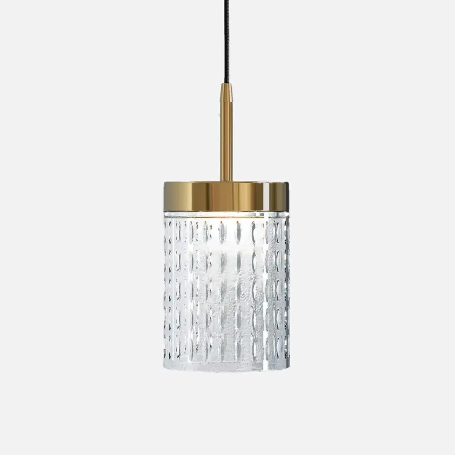 Elegant Italamp Quarzo suspension lamp with light gold metal and hand-cut transparent crystal diffuser