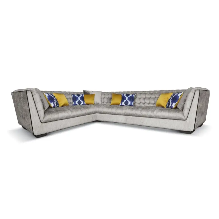 Superior BelMondo by Bellotti Ezio Egeo corner sofa with light gray textured upholstery and capitonnè detailing
