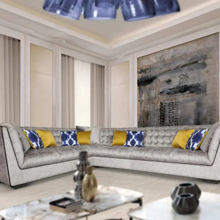 Exceptional BelMondo by Bellotti Ezio Egeo corner sofa in muted gray textile with capitonnè detailing and dark trim