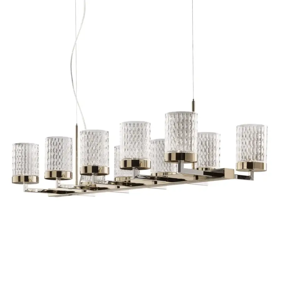 Elegant Italamp Quarzo suspension lamp with hand-cut crystal diffusers and a light gold chrome metal structure