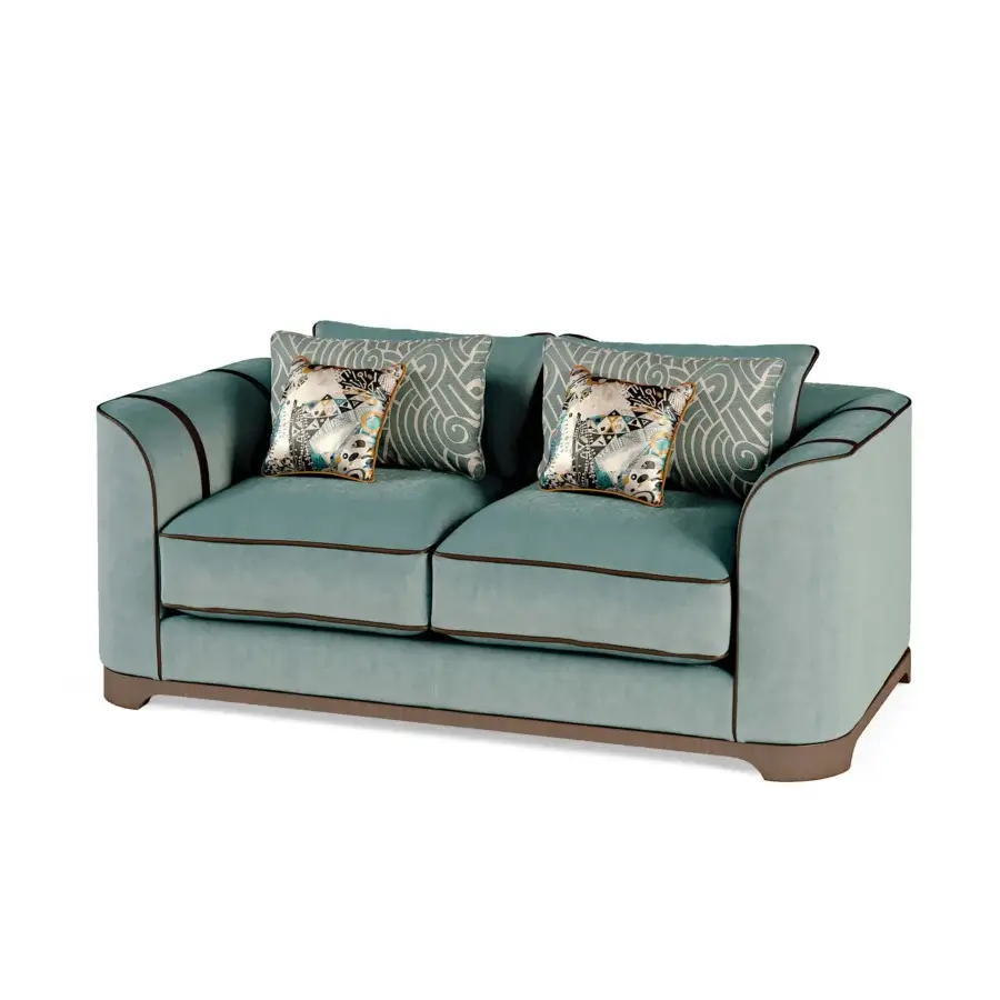 Distinguished BelMondo by Bellotti Ezio Palais Royal sofa crafted in light blue-green textile with dark brown piping and geometric cushions