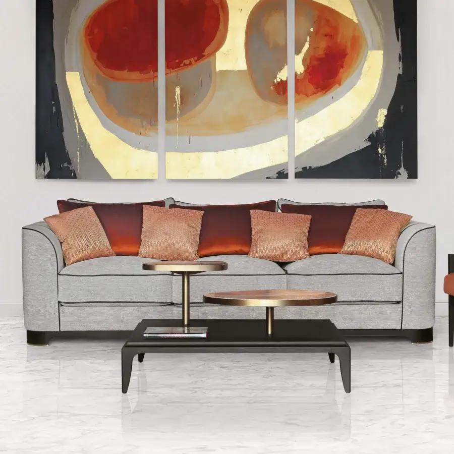 Distinguished BelMondo by Bellotti Ezio Palais Royal sofa upholstered in textured gray textile with piped detailing and accent cushions