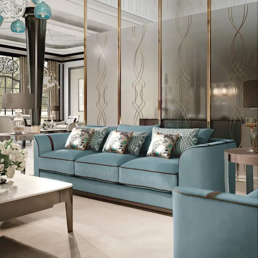 Superior BelMondo by Bellotti Ezio Palais Royal sofa with light blue textile and dark brown piping