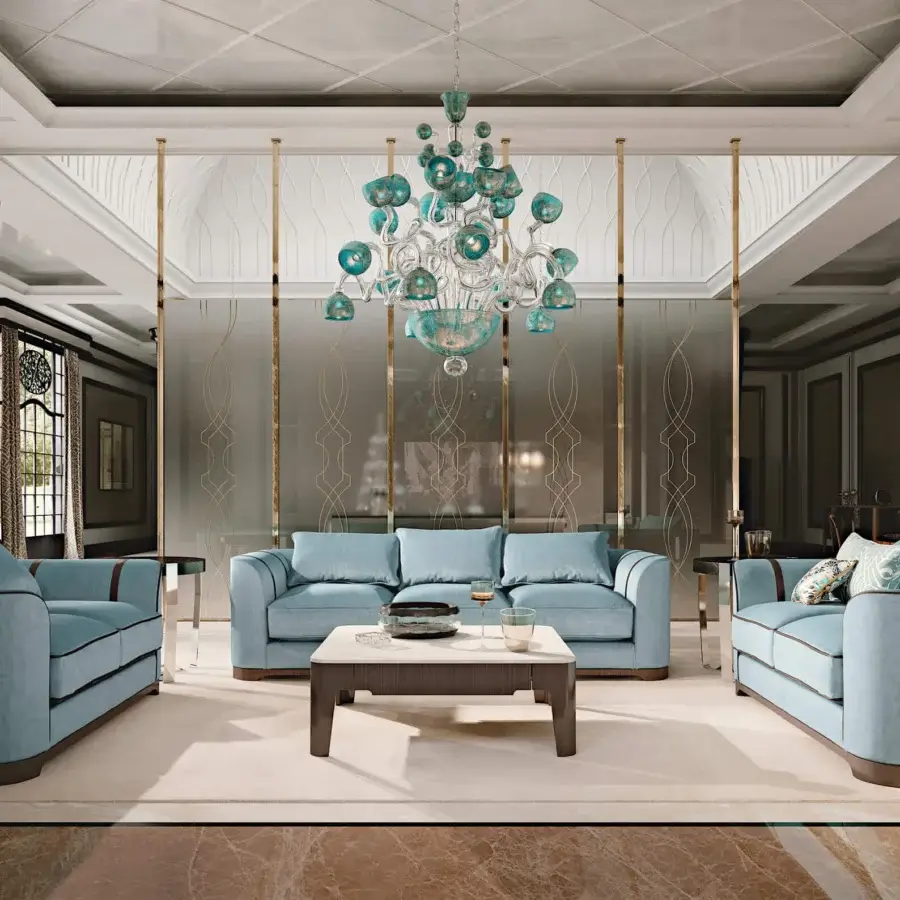 Distinguished BelMondo Palais Royal sofa crafted in Italy with light blue textile and dark brown piping, exhibiting a sleek, curved design