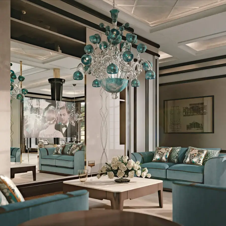 Exceptional BelMondo Palais Royal sofa crafted in Italy with vibrant teal textile upholstery and subtle piping