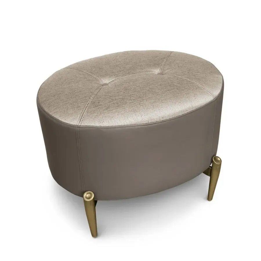 Distinguished BelMondo by Bellotti Ezio Afrodite ottoman with textured beige fabric upholstery and light brown leather base built with cylindrical metal legs