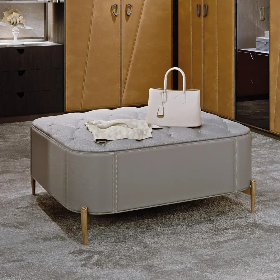 Distinguished BelMondo by Bellotti Ezio Afrodite ottoman with light gray tufted upholstery and matte finish built with light brown wood legs