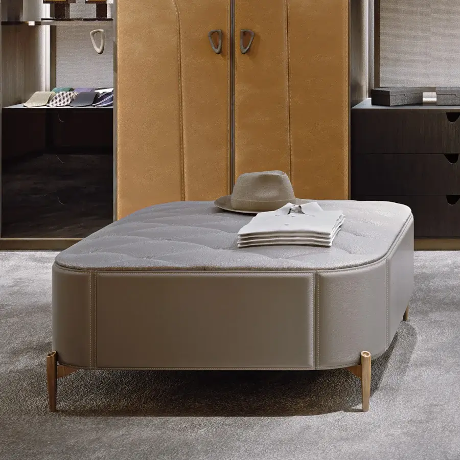 Distinguished BelMondo by Bellotti Ezio Afrodite ottoman with light gray quilted upholstery and cylindrical wooden legs