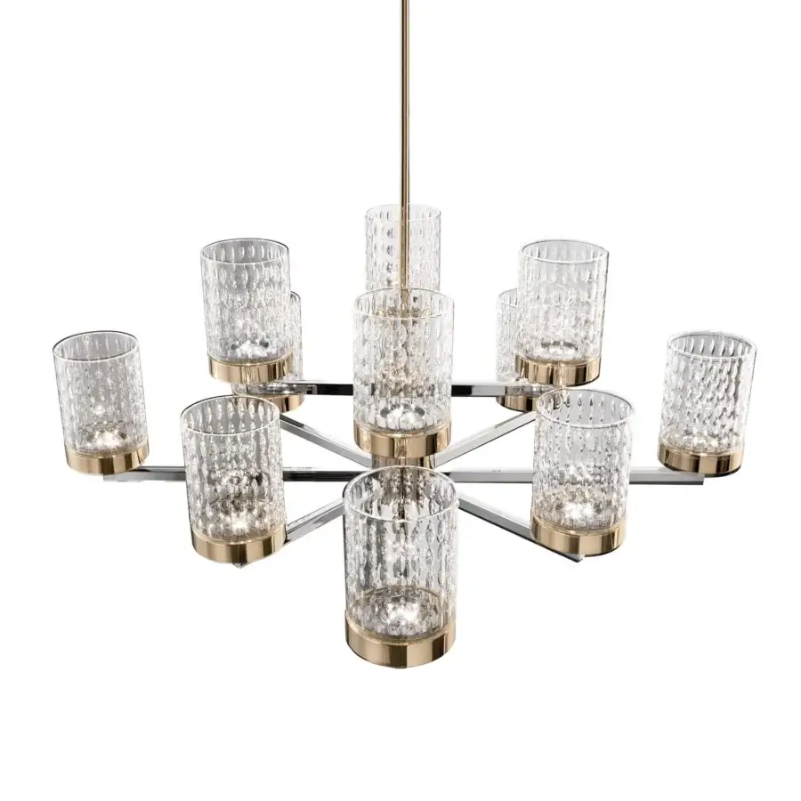 Distinguished Italamp Quarzo chandelier with light gold and chrome metal plus hand-cut transparent crystal diffusers