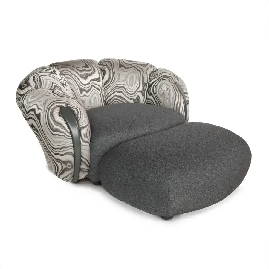 Superior BelMondo by Bellotti Ezio lounge chair with dark gray upholstery and swirling gray and white textile backrest