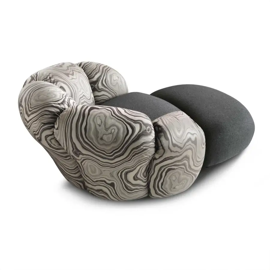 Distinguished BelMondo by Bellotti Ezio lounge chair with marbled grey and white textile, contrasted by dark grey solid armrests and back
