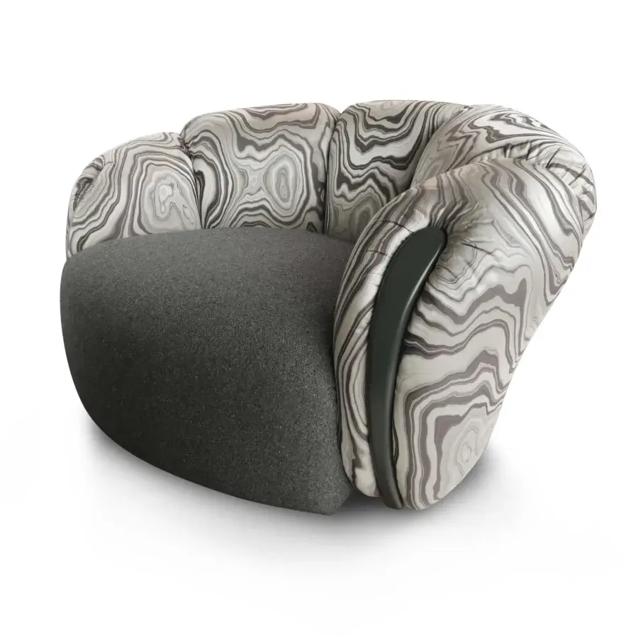Exceptional BelMondo by Bellotti Ezio lounge chair upholstered in swirling marbled light and dark gray fabric with textured dark gray textiles