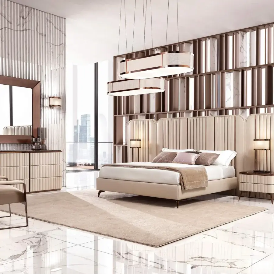 Distinguished DV Home Collection Tiffany bed crafted in Italy with light beige textile upholstery and a shining stainless steel frame