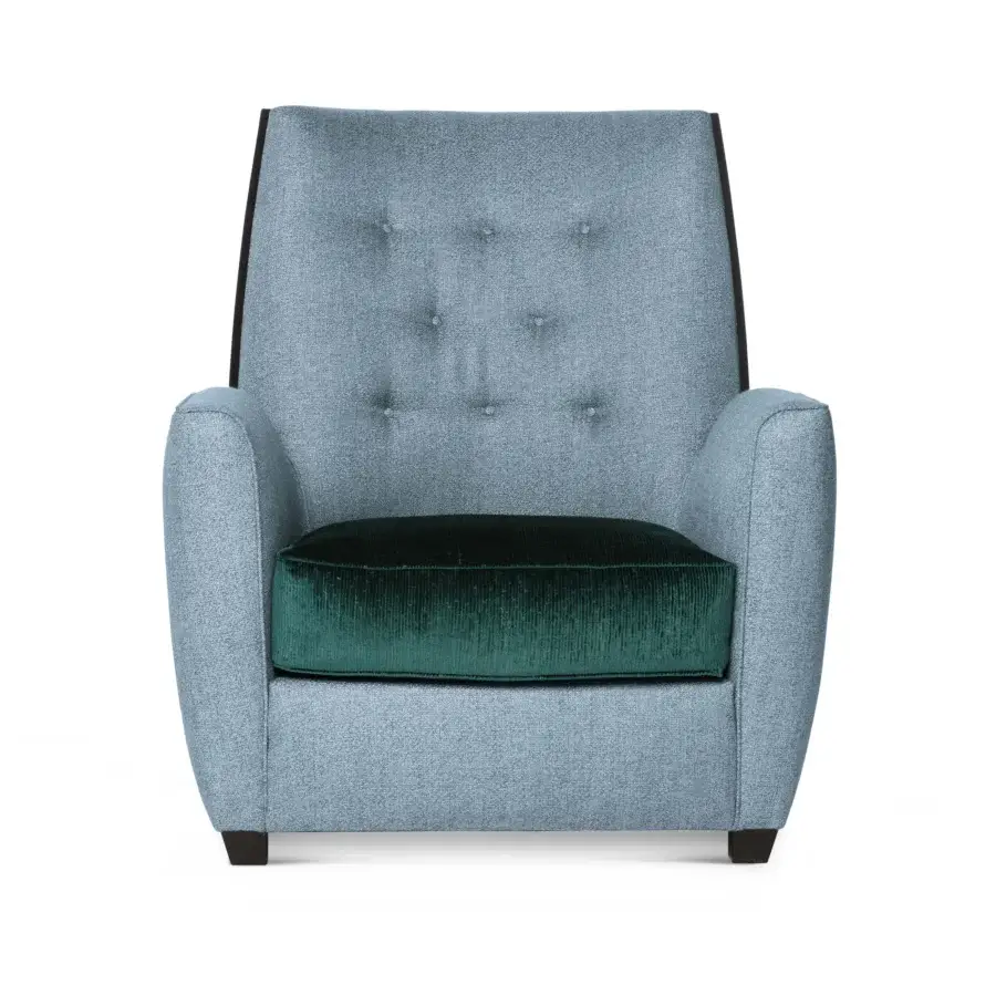 Distinguished BelMondo by Bellotti Ezio Medita lounge chair with light blue textile and darker green velvet cushion exhibiting button-tufted detailing