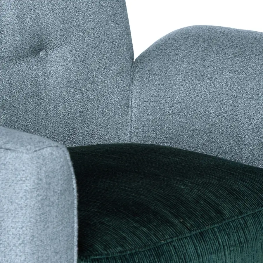 Distinguished BelMondo by Bellotti Ezio Medita lounge chair with cool gray textile upholstery and deep green lumbar support cushion