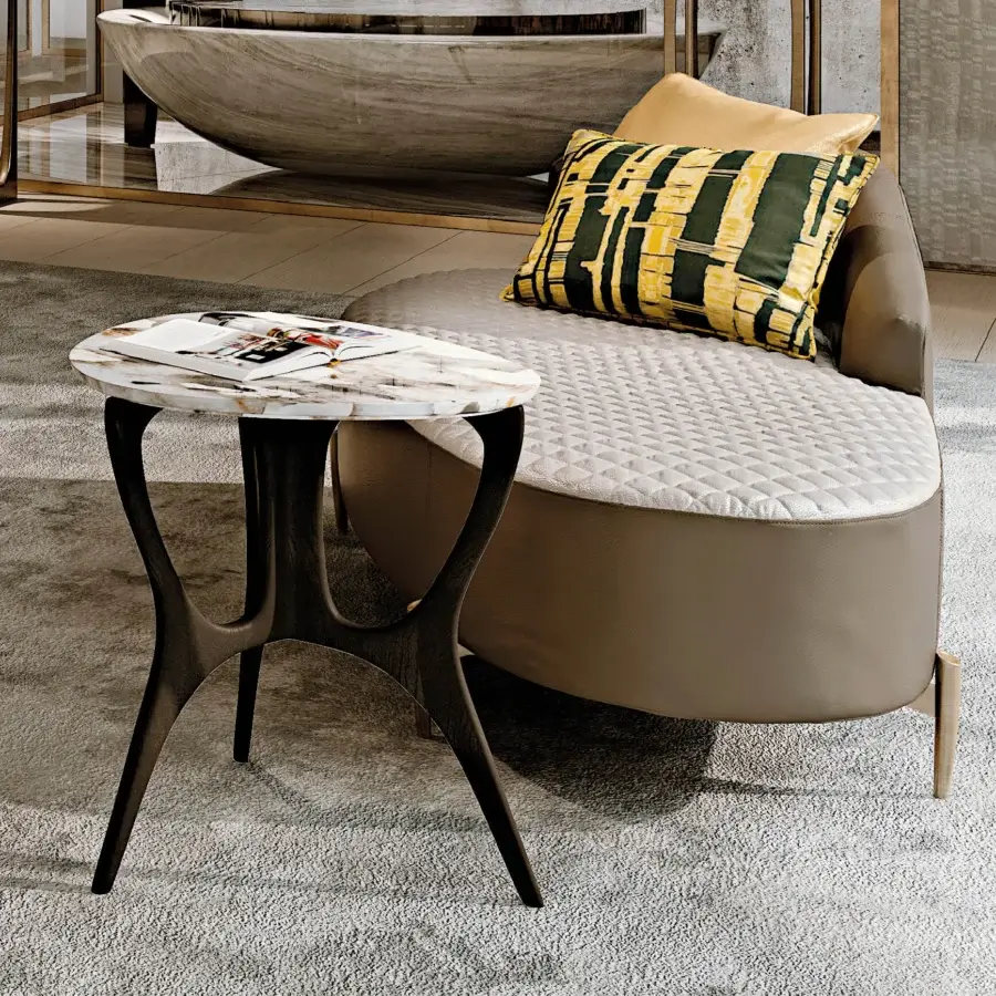 Lavish BelMondo by Bellotti Ezio Selene chaise lounge with quilted light textile and curved brown leather built with a patterned cushion