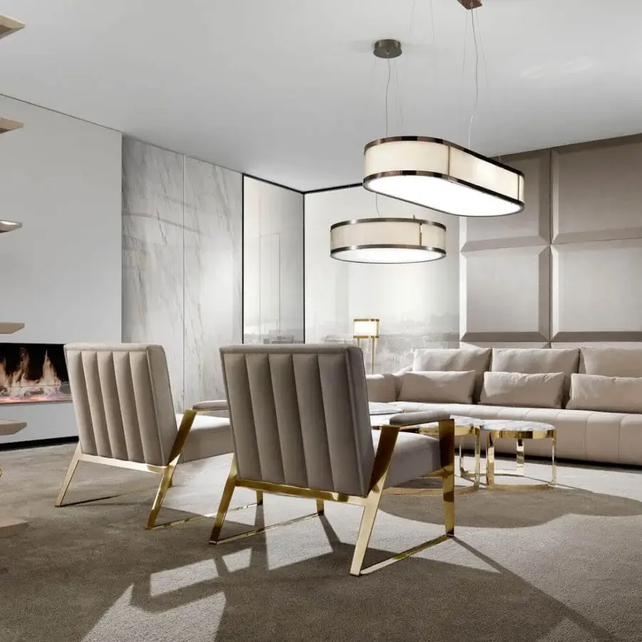 Sophisticated DV Home Collection Deco sofa upholstered in light beige textile with sleek matte steel external structure crafted in Italy