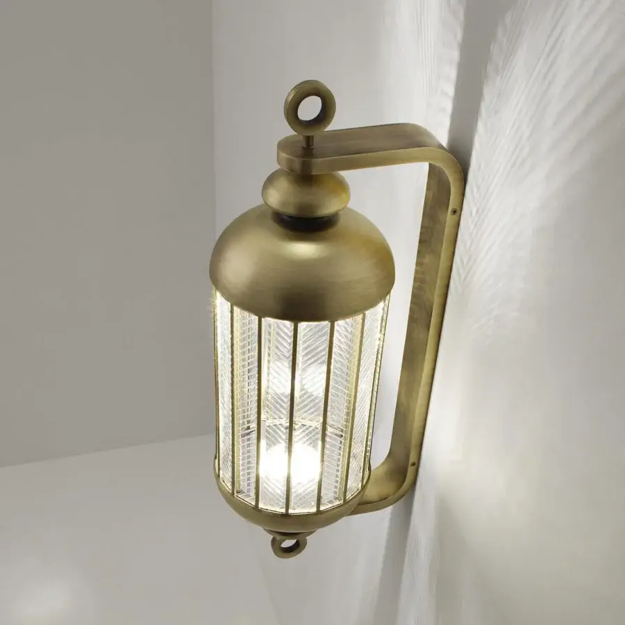 Exclusive Italamp Fata Morgana wall lamp with antique gold metal frame and transparent textured glass panels