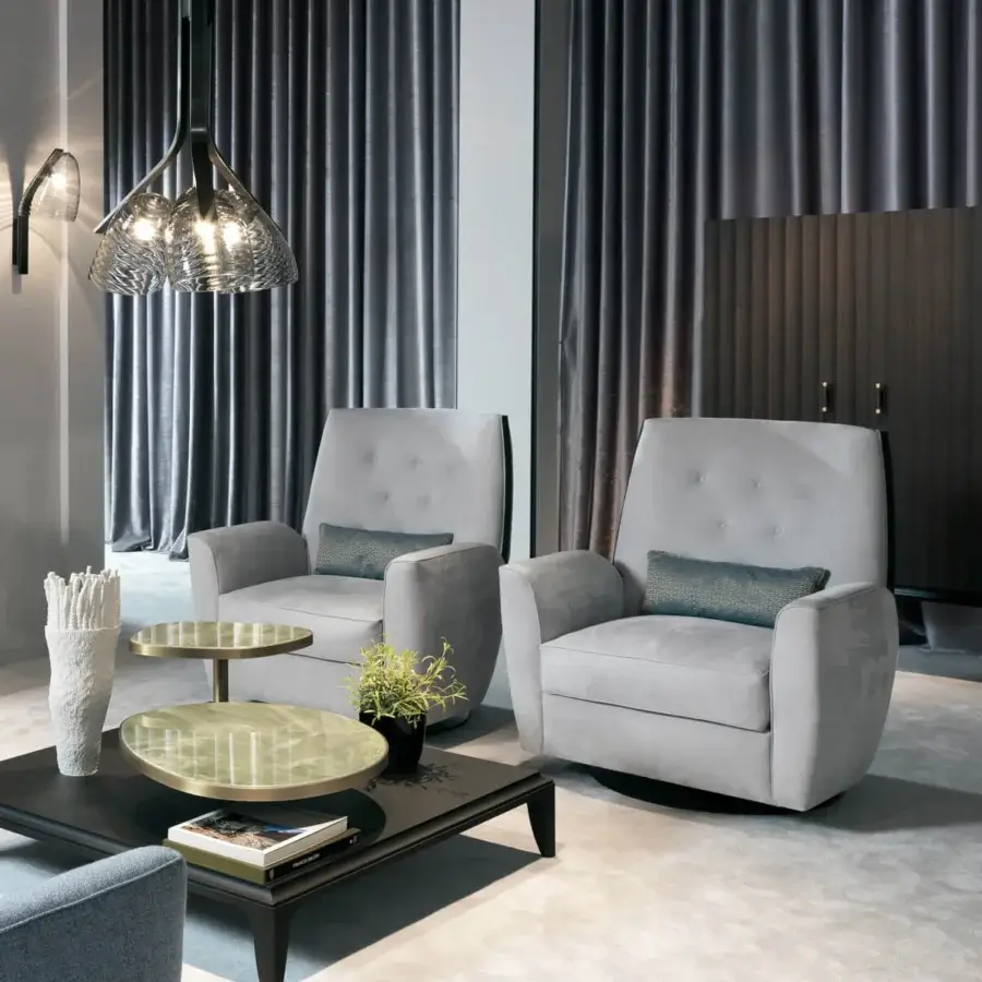 Exceptional BelMondo by Bellotti Ezio Medita swivel lounge chair upholstered in light grey textile with smooth matte finish