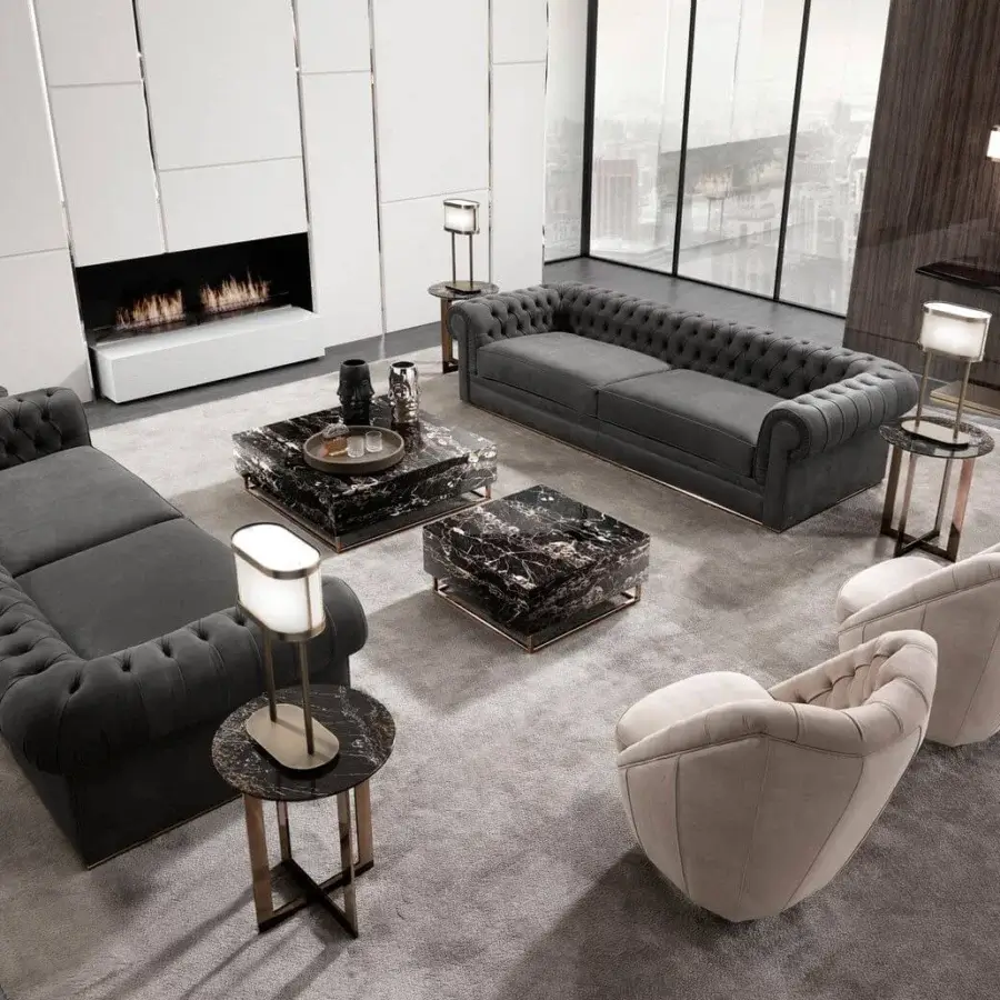 Sophisticated DV Home Collection Royal Capitonne' lounge chair with light beige fabric upholstery and tufted backrest built with steel and wood
