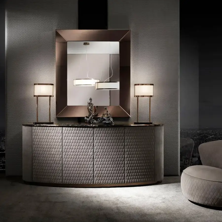 Elegant DV Home Collection Soho lounge chair with quilted taupe textile upholstery and swivel solid wood structure