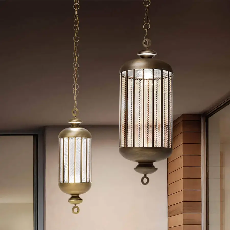 Superior Italamp Fata Morgana suspension lamp with cylindrical form and antique gold metal frame