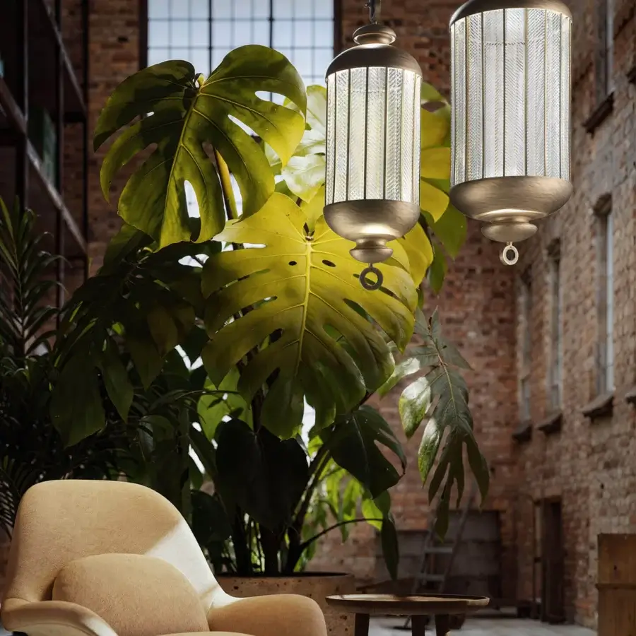 Elegant Italamp Fata Morgana suspension lamp with hand-carved transparent glass panels and antique burnished metal frame