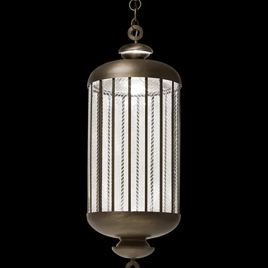 Refined Italamp Fata Morgana suspension lamp with hand-carved transparent glass encased in dark matte metal and delicate chain suspension