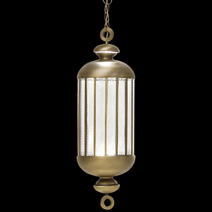 Exceptional Italamp Fata Morgana suspension lamp with hand-carved transparent glass and uniform brass-toned metal in antique gold finish