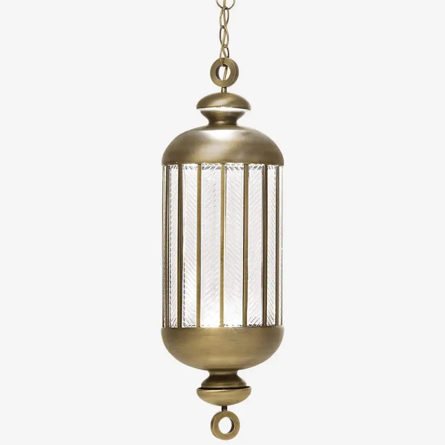 Elegant Italamp Fata Morgana suspension lamp with cylindrical shape and textured transparent hand-carved glass panels in antique gold finish