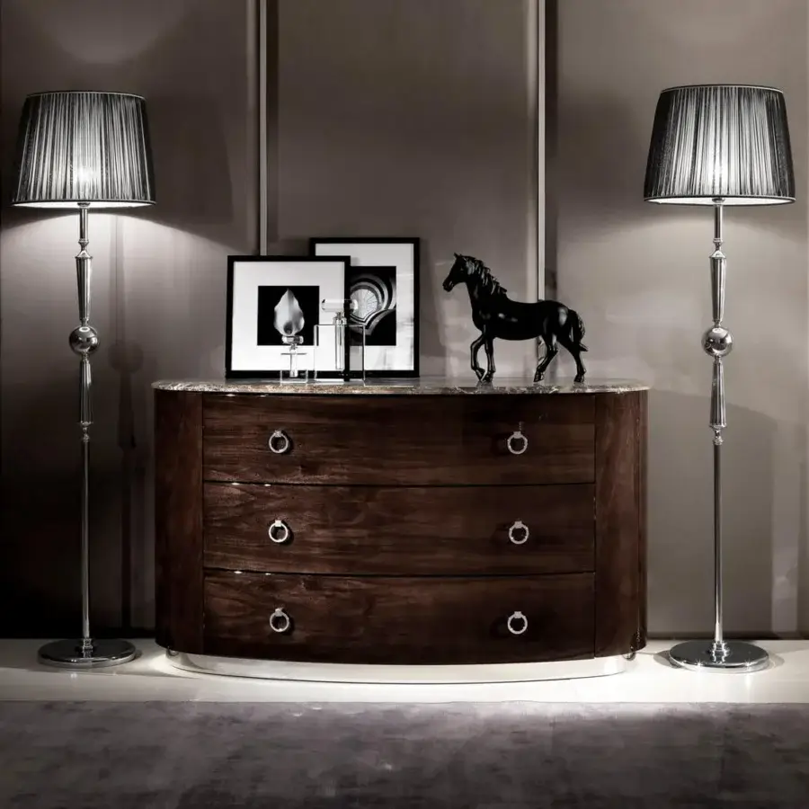 Superior DV Home Collection Vogue dresser with cacao walnut structure and contrasting light-toned top with stainless steel base