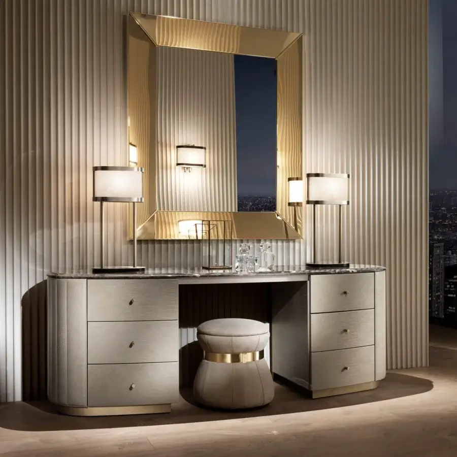 Superior DV Home Collection Vogue vanity with light beige textured leather and refined vertical quilting in a light gray marble top