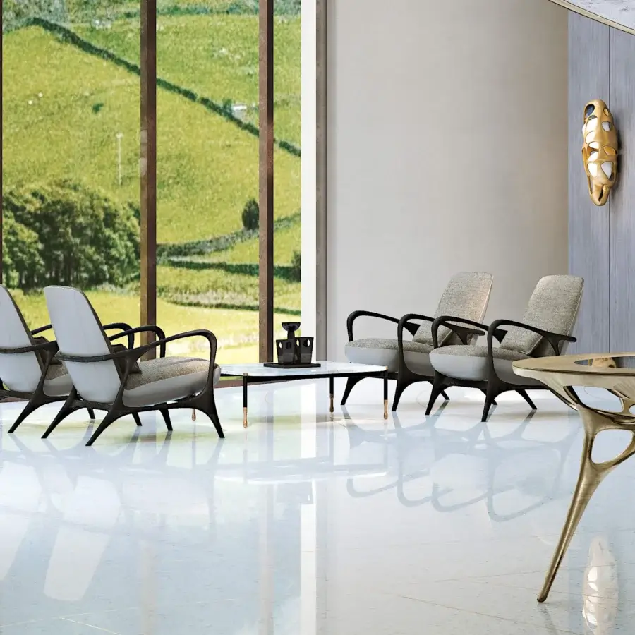 Superior BelMondo by Bellotti Ezio Rea lounge chair with light textile upholstery and dark-toned wooden frame