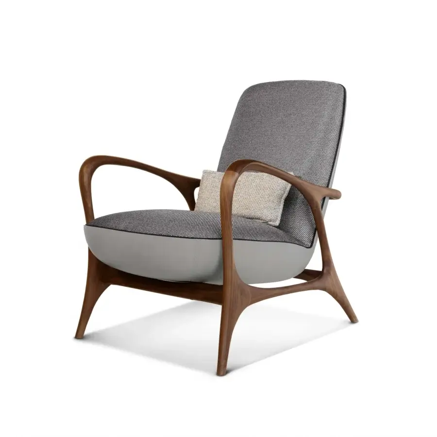 Distinguished BelMondo by Bellotti Ezio Rea lounge chair with textured gray fabric and smooth gray synthetic shell built with a brown wood frame