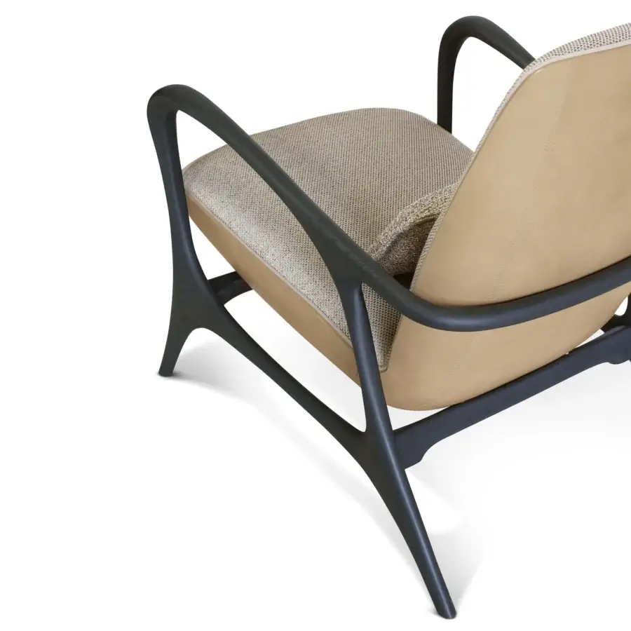 Superior BelMondo by Bellotti Ezio Rea lounge chair with woven beige textile and light tan leather-like backrest in dark-toned wood