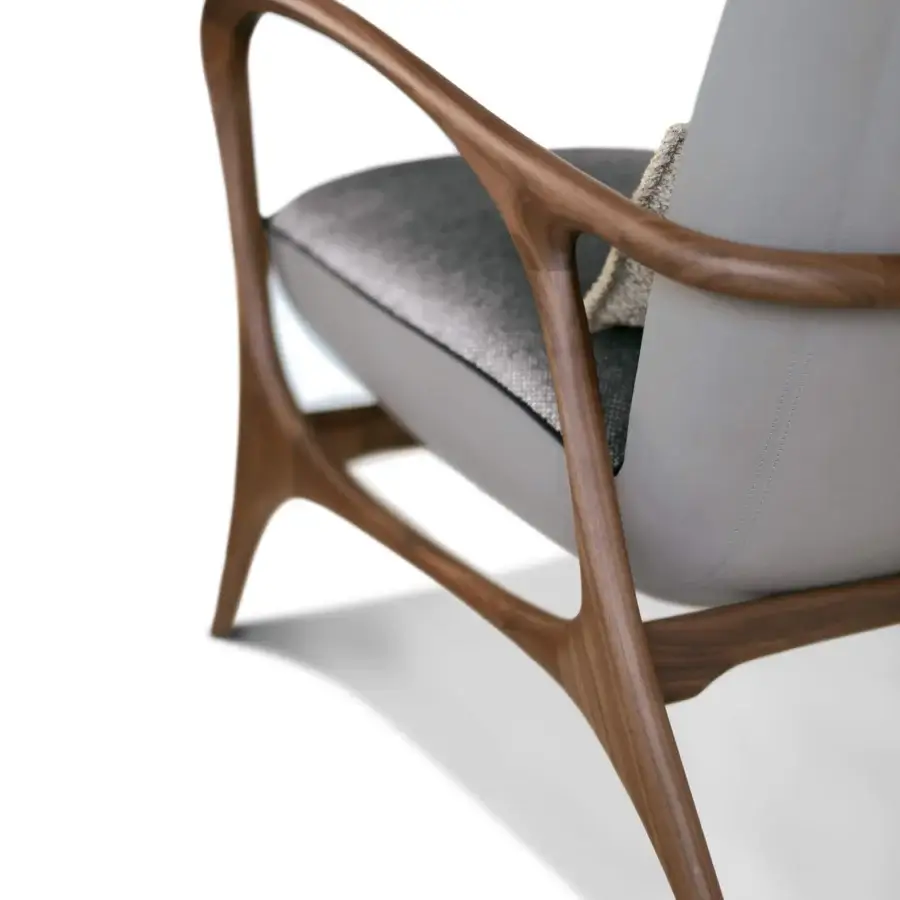 Exceptional BelMondo by Bellotti Ezio Rea lounge chair with light and dark gray textile and synthetic material upholstery and smooth finished wood frame