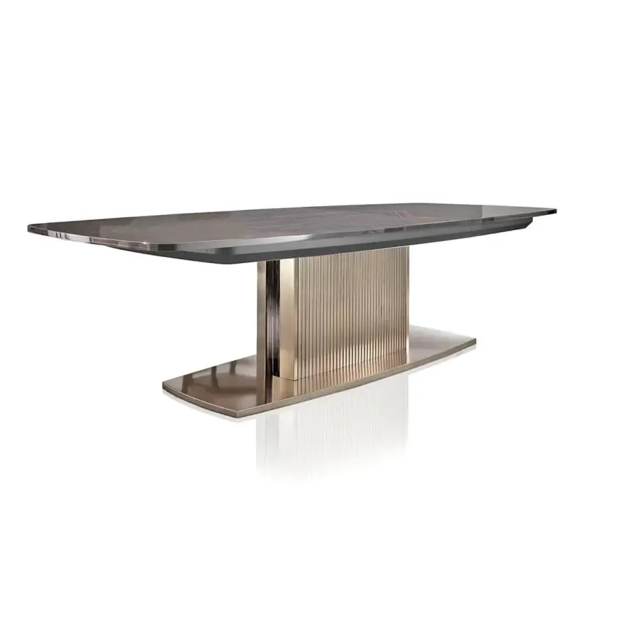 Exclusive DV Home Collection Windsor table with Cacao Walnut veneer and matt black lacquered structure crafted in stainless steel with gold tones