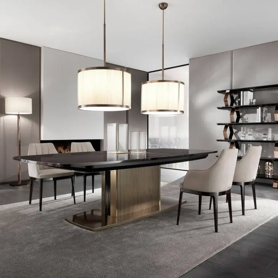 Sophisticated DV Home Collection Windsor table with veneered top in Ebano Macassar and glossy finish built with a stainless steel insert base