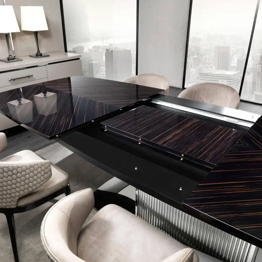 Distinguished DV Home Collection Windsor extendable table with Cacao Walnut veneer and matt black lacquered stainless steel base presents a glossy finish