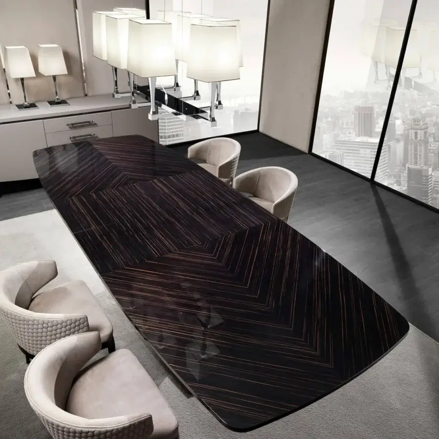 Sophisticated DV Home Collection Windsor extendable table with Cacao Walnut veneer and sleek matt black lacquered structure