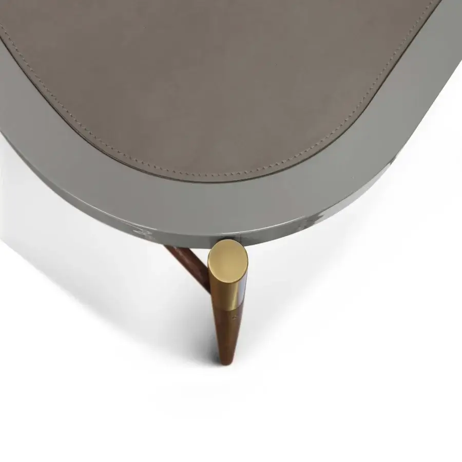 Exceptional BelMondo by Bellotti Ezio Afrodite vanity crafted in glossy gray with brown leather-like inset and cylindrical metal accent