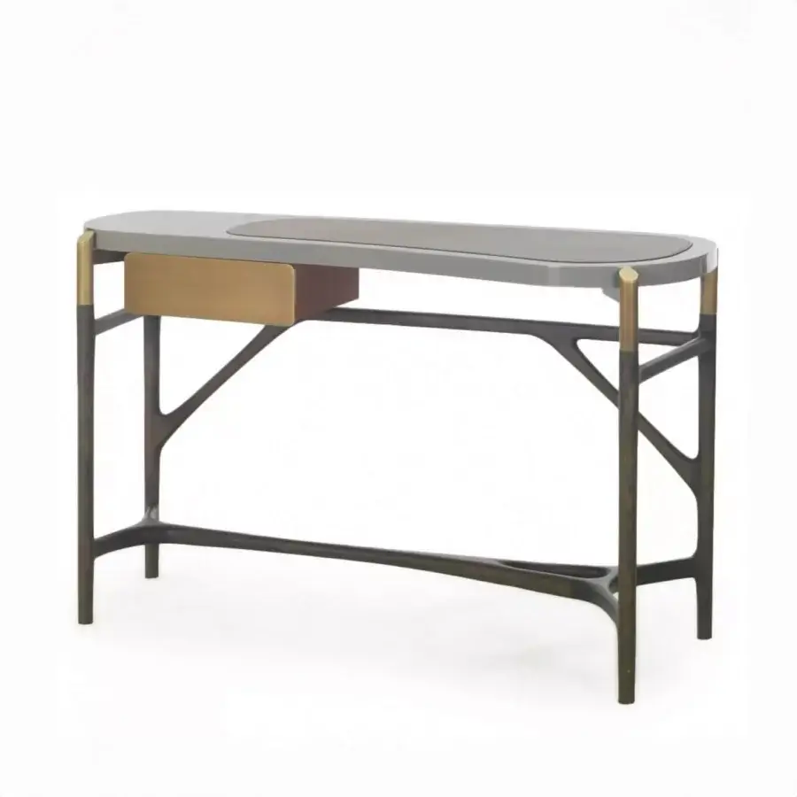 Elegant BelMondo by Bellotti Ezio Afrodite vanity crafted in gray with a light brown drawer and dark metal built with golden accents