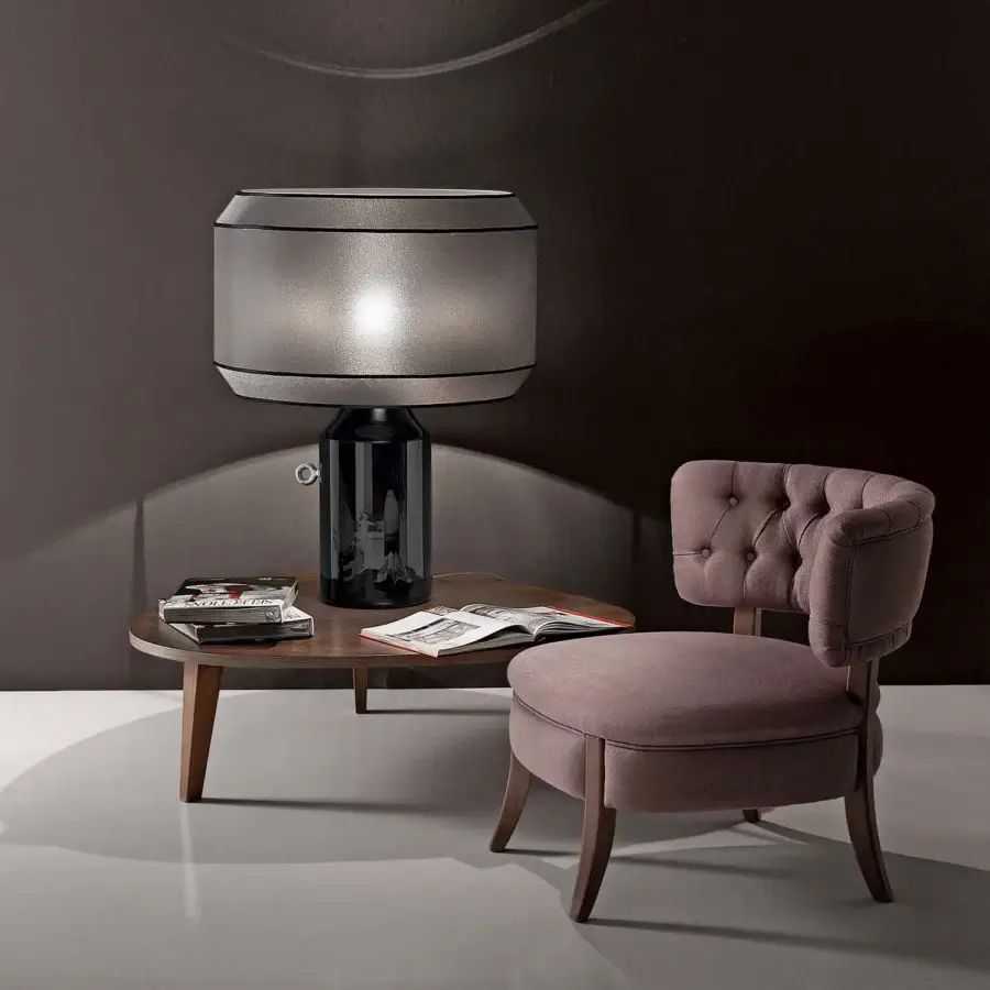 Superior Italamp Odette Odile table lamp with ceramic base and soft fabric lampshade in dark horizontal bands with glossy finish
